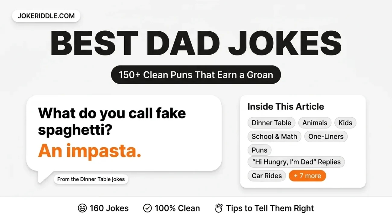 Best dad jokes infographic with a pasta joke and joke categories like dinner table, animals, kids and car rides