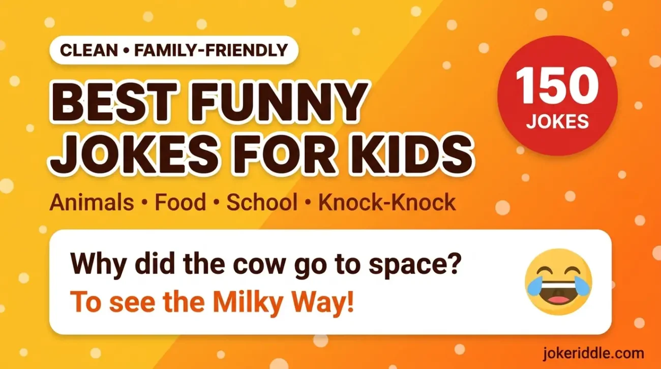 Best funny jokes for kids graphic with 150 clean jokes and a cow joke