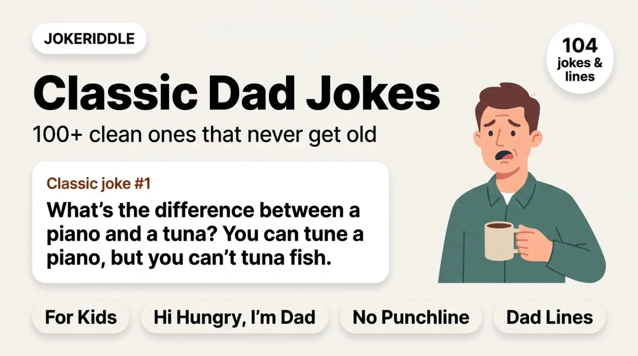 Classic dad jokes graphic showing the piano and tuna joke and four joke groups