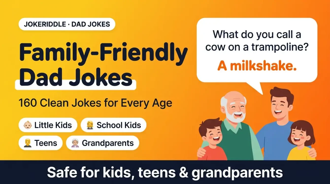 Family-friendly dad jokes infographic with 160 clean jokes for little kids, school kids, teens, and grandparents
