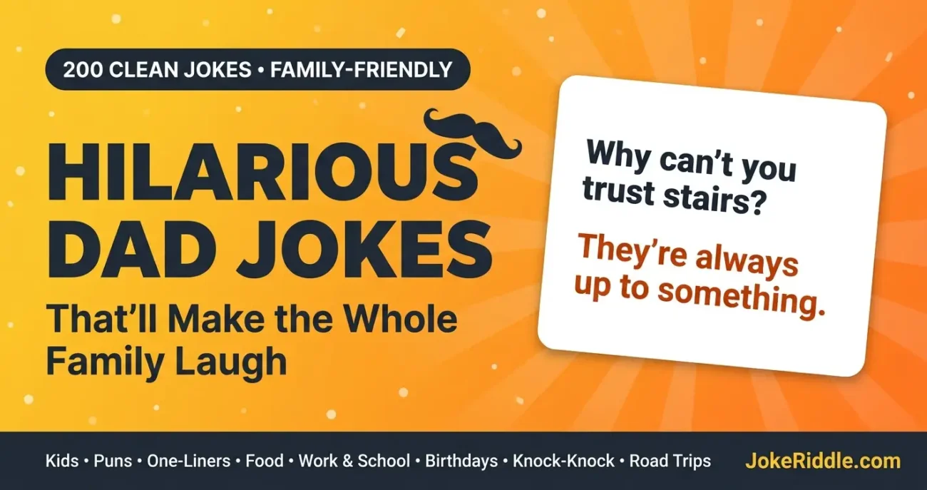 Hilarious dad jokes graphic showing 200 clean family-friendly jokes and a sample stairs pun