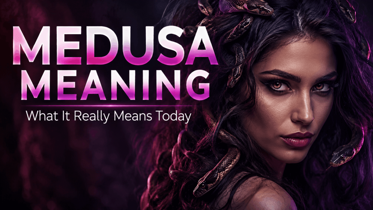Medusa Meaning: What It Really Means in Chats & Memes featured image showing a modern Medusa-inspired woman with snake-themed hair and bold editorial styling.