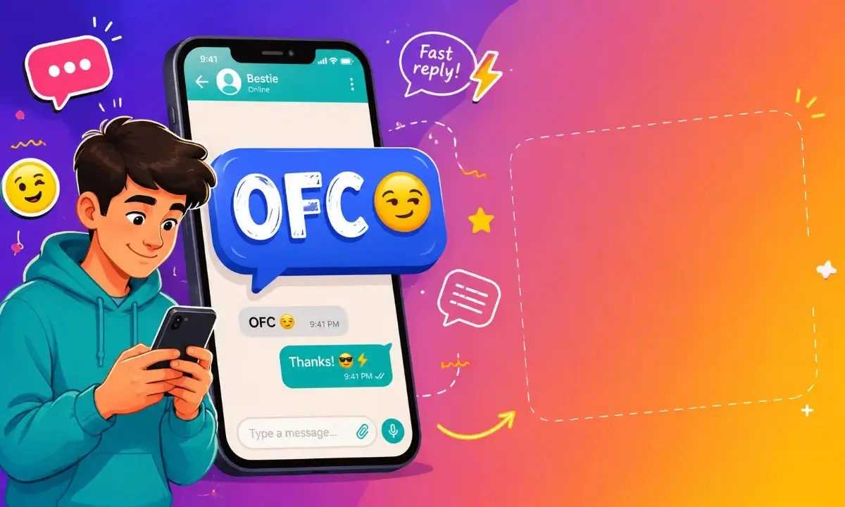 OFC Meaning shown in a playful smartphone text message with a winking emoji and colorful chat icons