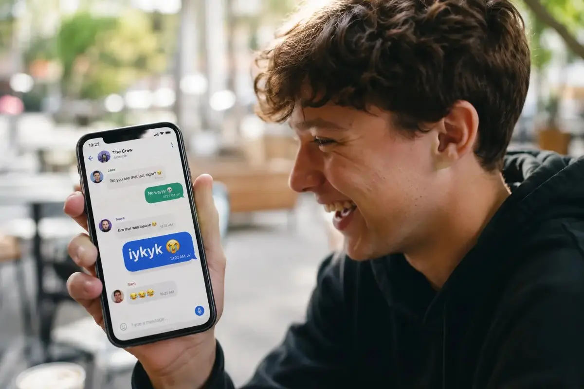 IYKYK Meaning shown in a group chat on a smartphone while a young person laughs outdoors