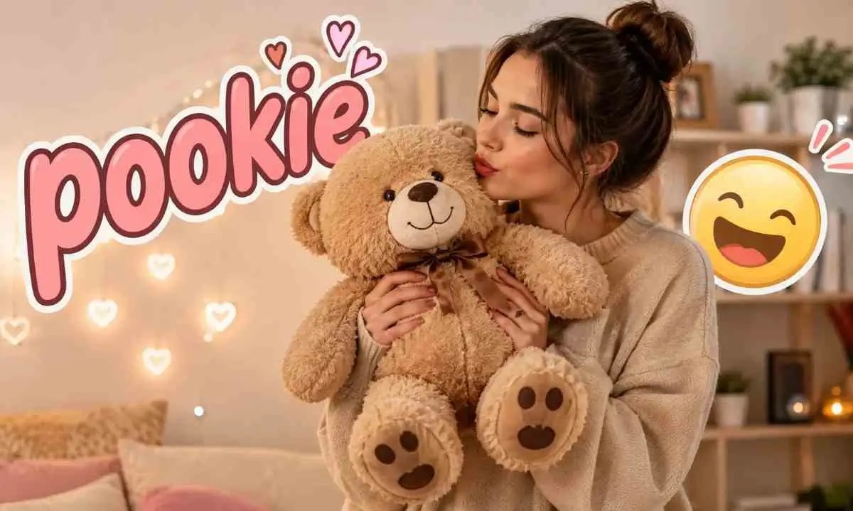 Young woman hugging a teddy bear with the word "Pookie," illustrating Pookie Meaning: The Nickname Behind Every Joke in a cute and affectionate context.
