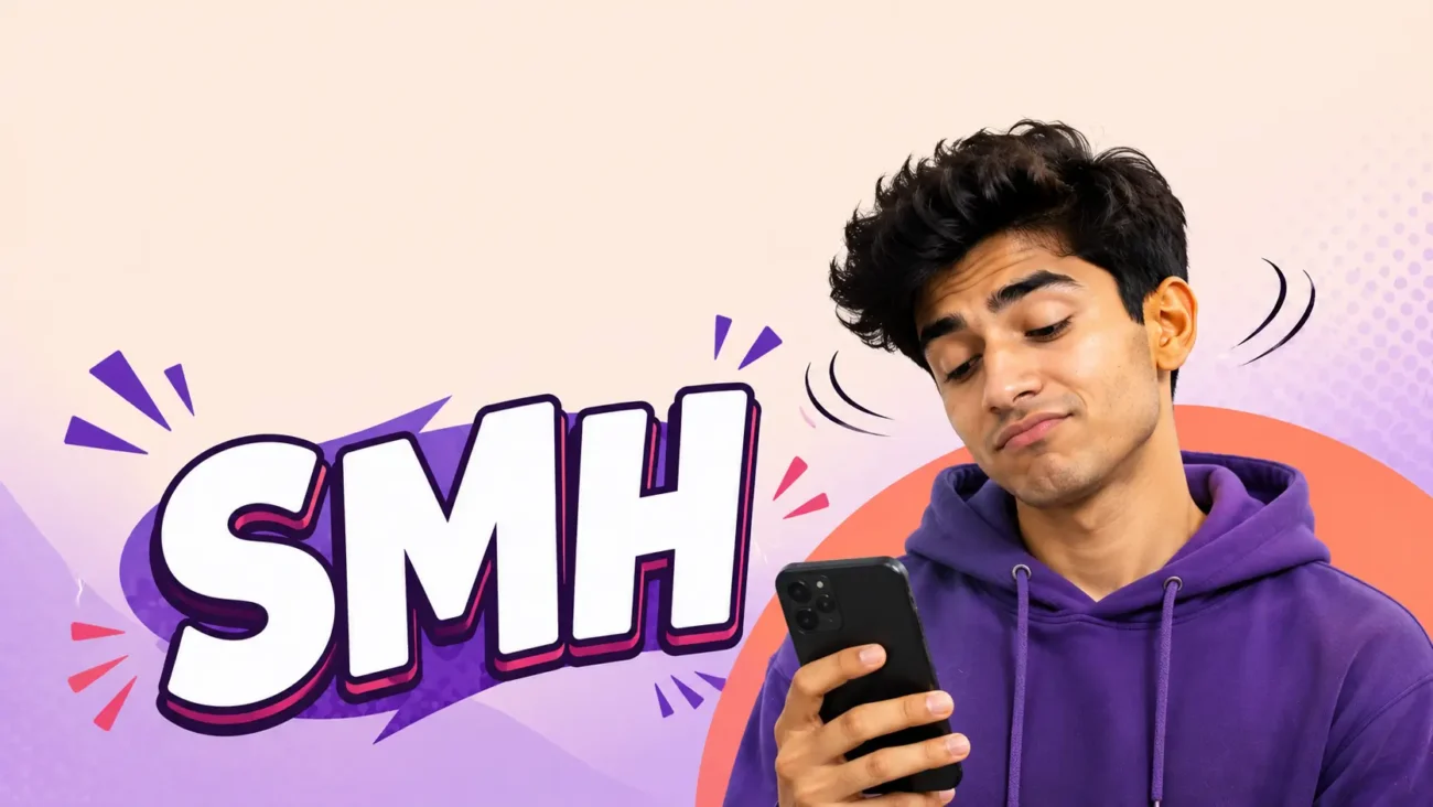 Young person looking at a smartphone while shaking their head with a large SMH speech bubble, illustrating the SMH Meaning: What It Really Means in Jokes & Chats.