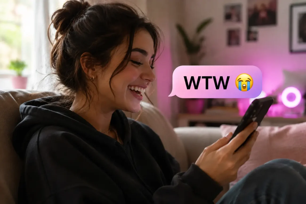 WTW Meaning shown in a text message while a young woman reacts to her phone