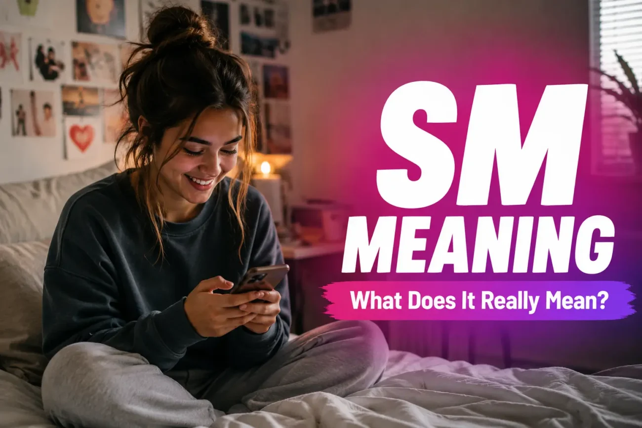 SM Meaning explained with a young woman texting on her phone in a cozy bedroom