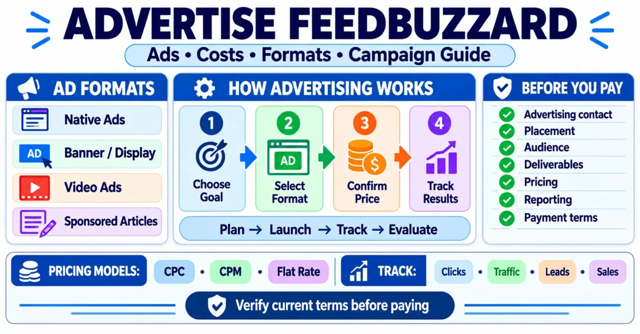 Advertise FeedBuzzard guide showing ad formats, pricing, campaign steps and verification