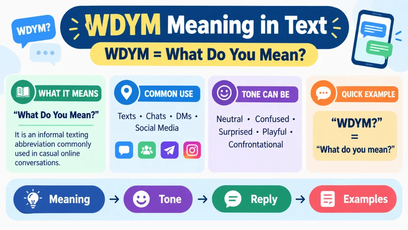 WDYM meaning in text showing What Do You Mean, common uses, tone, and example