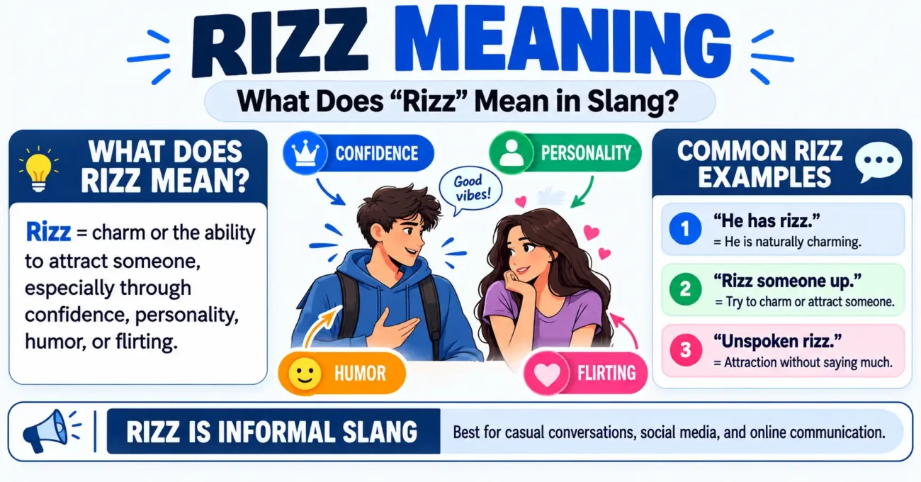 Rizz meaning explained with definition, examples, confidence, humor, and flirting