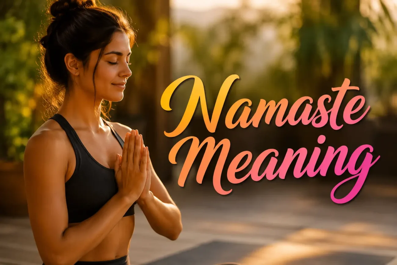 Young woman performing Anjali Mudra with folded hands during golden hour, illustrating the Namaste Meaning: From Sanskrit to Your Group Chat.