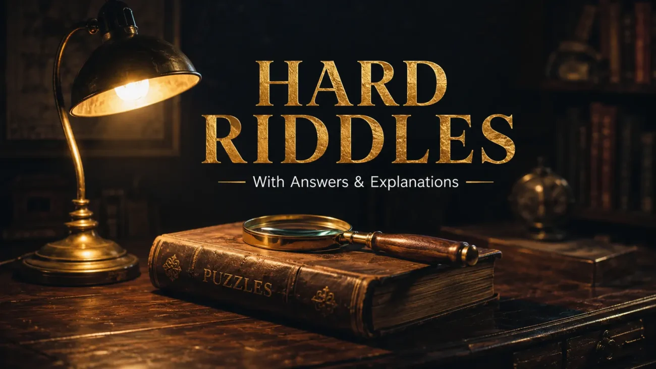 Hard Riddles: Tricky Puzzles With Answers featured image showing a vintage puzzle book, magnifying glass, and brass lamp on an antique wooden desk in a mysterious study.