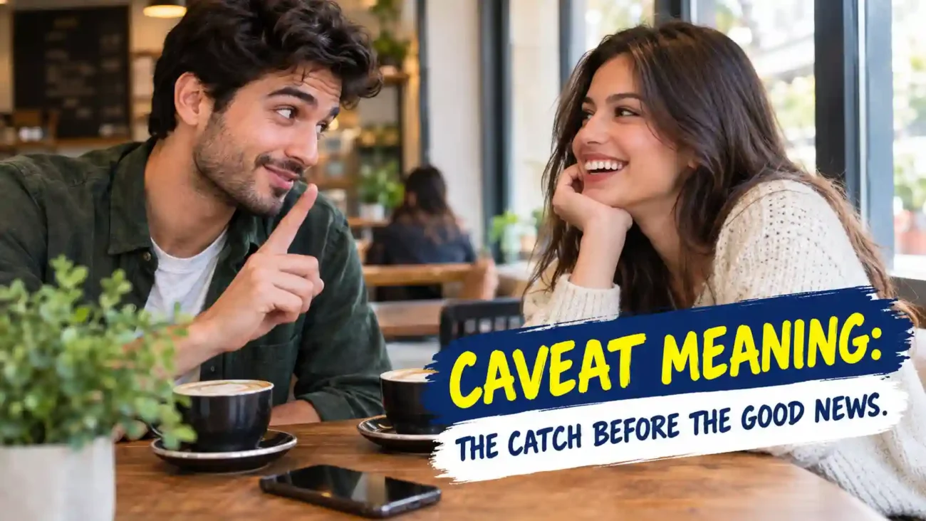Caveat Meaning: Two friends laughing at a coffee shop, text overlay reads "caveat meaning: the catch before the good news"