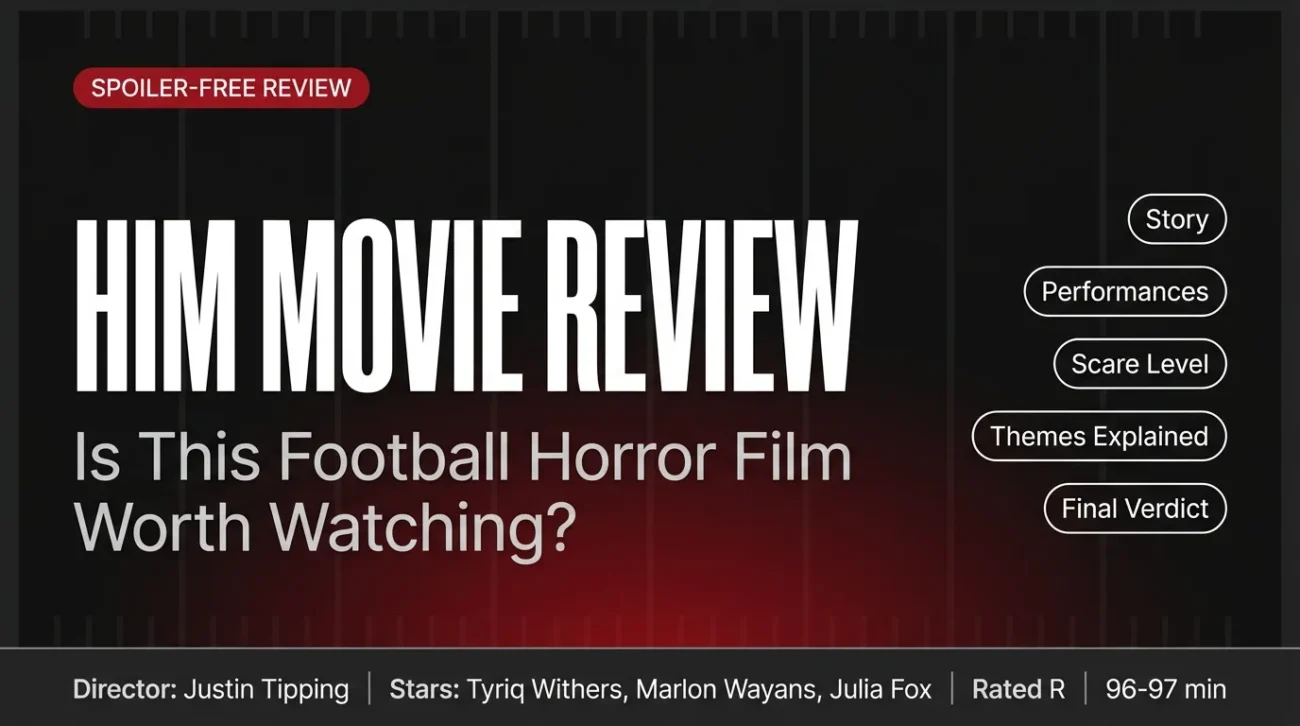 HIM movie review graphic covering story, performances, scare level, themes and final verdict of the football horror film