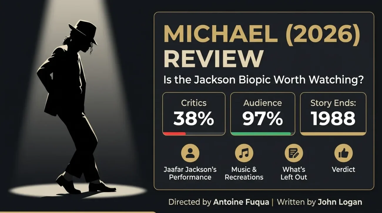 Michael 2026 movie review infographic showing 38% critics score, 97% audience score and story ending in 1988