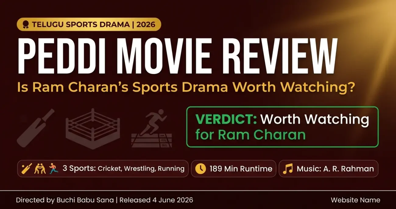 Peddi movie review featured image showing verdict, 189 minute runtime and A. R. Rahman music