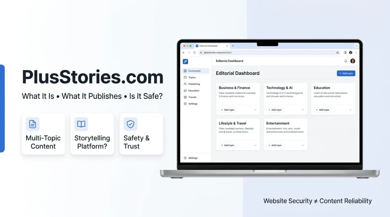 PlusStories.com showing what it is, what it publishes, and whether it is safe