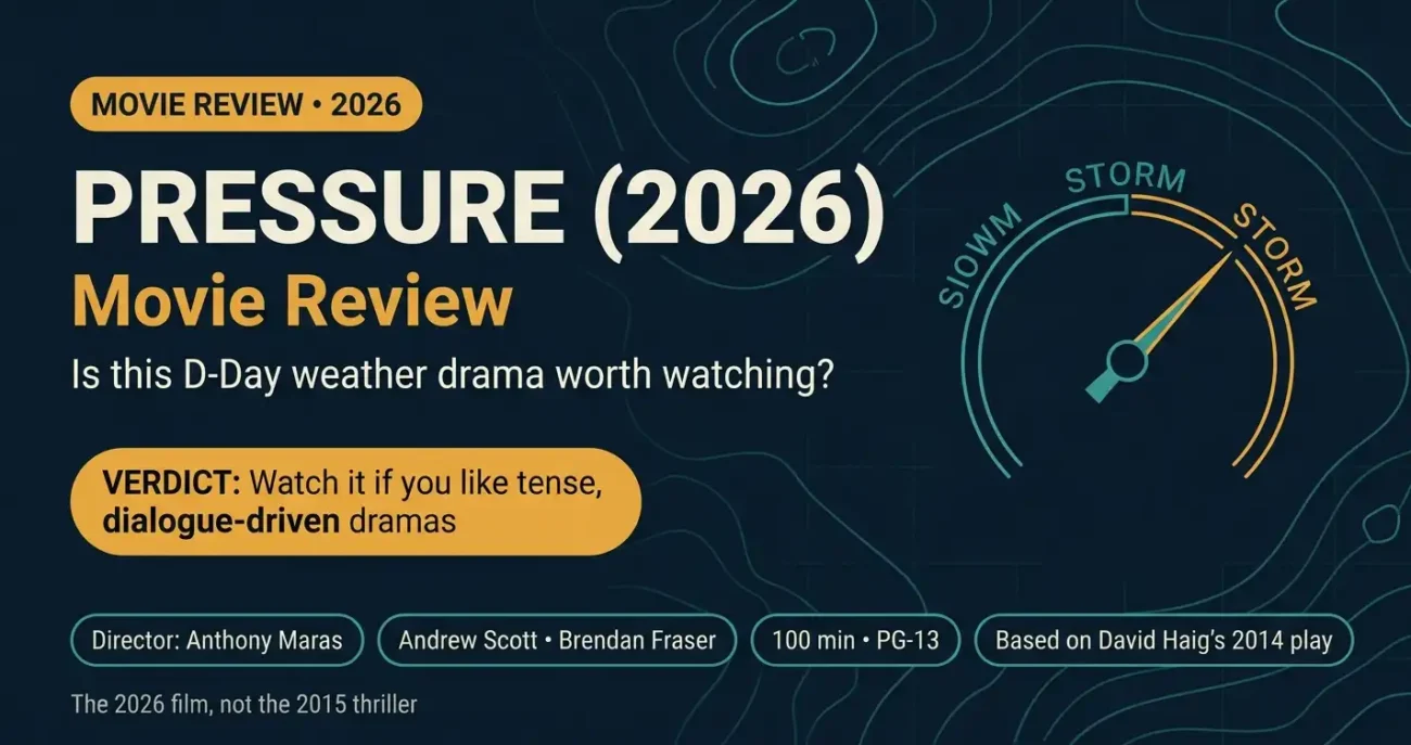 Pressure 2026 movie review graphic showing the verdict, director, cast, runtime and rating of the D-Day drama
