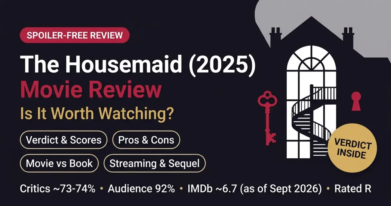 The Housemaid 2025 movie review cover with verdict, scores, pros and cons, book comparison and streaming info