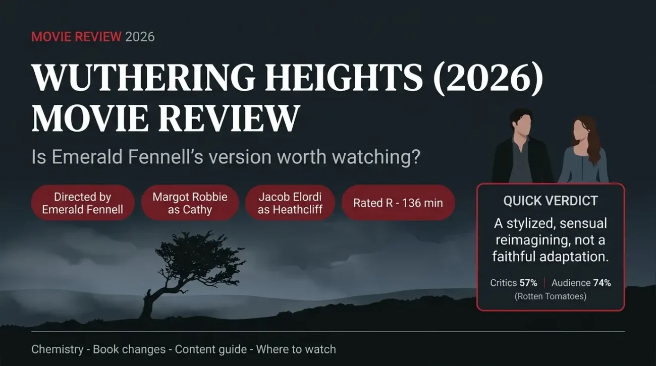 Wuthering Heights 2026 movie review infographic with Margot Robbie, Jacob Elordi, R rating and quick verdict
