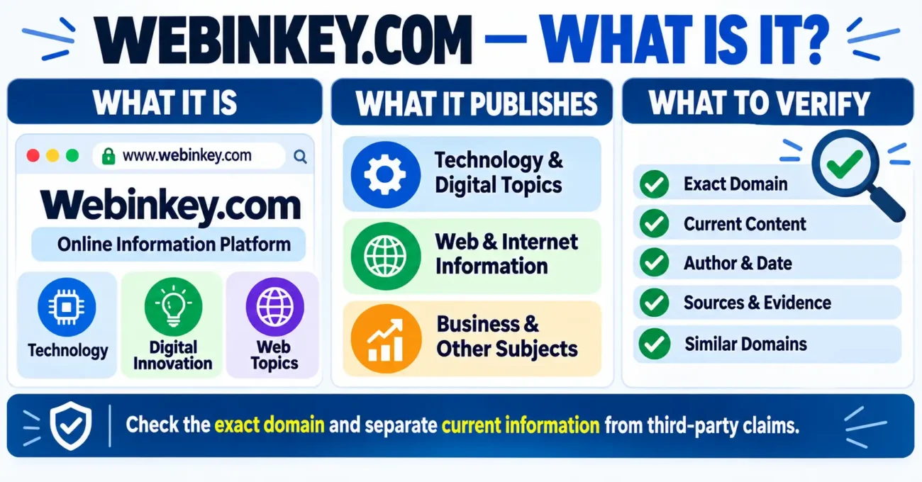 Webinkey.com website guide showing technology, digital innovation, web topics, and verification tips