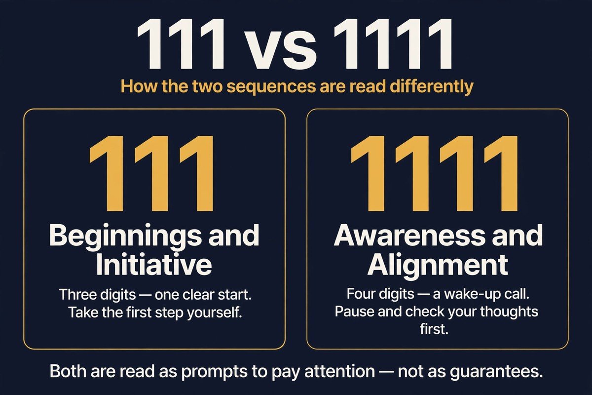 Comparison chart of 111 vs 1111 angel number meanings, beginnings and initiative against awareness and alignment