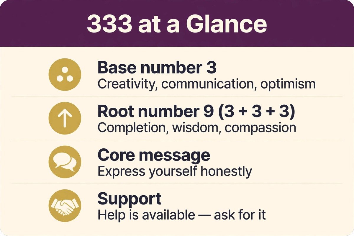 Infographic summarizing the 333 meaning: base number 3 for creativity, root number 9 for completion, honest expression and support