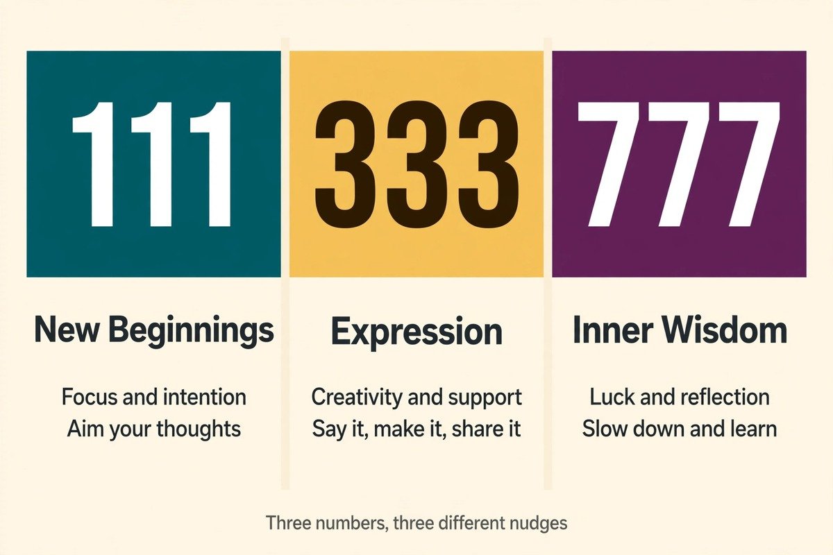 Comparison chart of 111, 333 and 777 angel numbers showing 111 for new beginnings, 333 for expression and 777 for inner wisdom