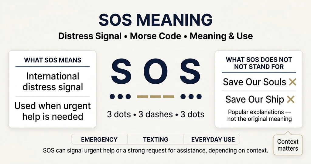 SOS meaning infographic showing Morse code, distress signal definition, and common misconceptions