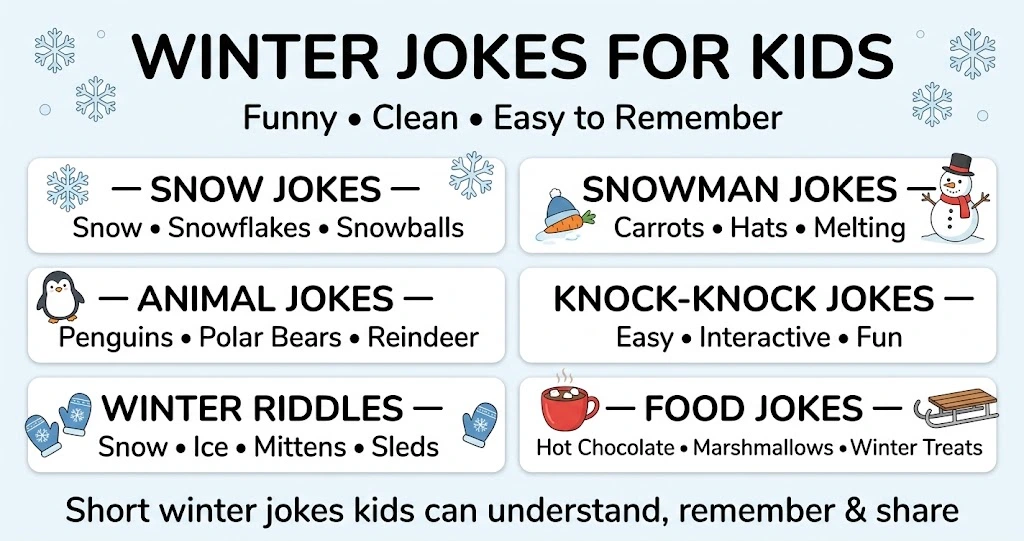 Winter jokes for kids including funny snow, snowman, animal and knock-knock jokes