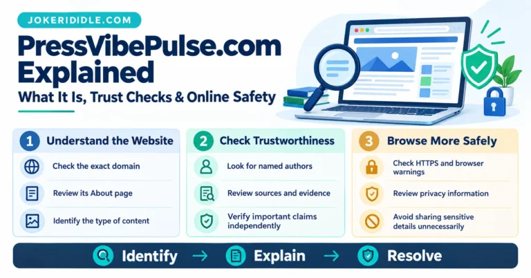 PressVibePulse.com guide showing website verification, trustworthiness checks, and online safety tips