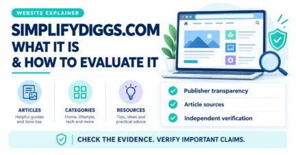 SimplifyDiggs.com explainer infographic showing website evaluation, publisher transparency, article sources, and independent verification.