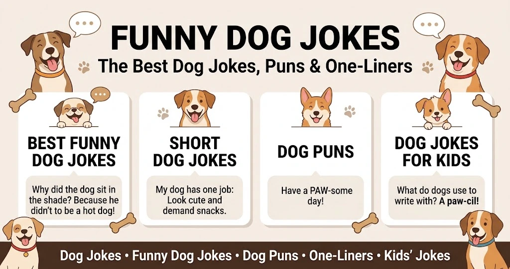 Funny dog jokes, dog puns, short one-liners and kids jokes