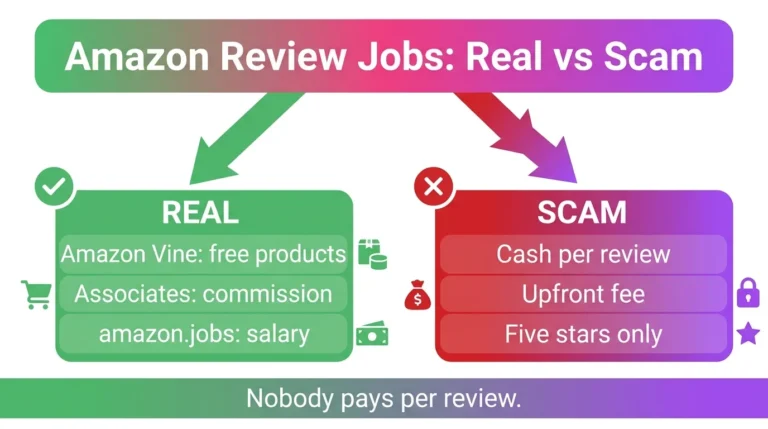 Infographic comparing real Amazon review jobs like Vine and Associates with scam offers that pay cash per review