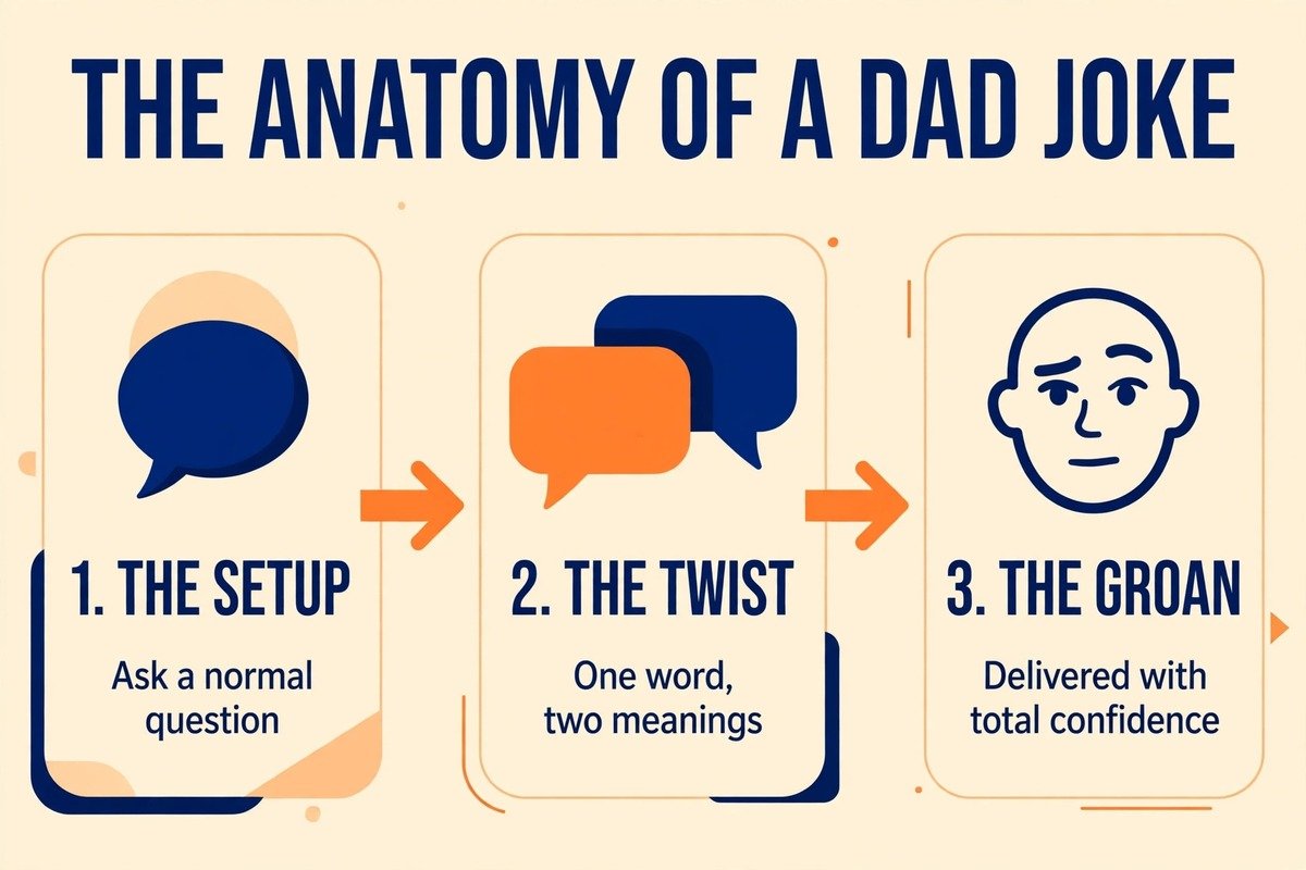 Three-step infographic showing how a dad joke works: the setup, the twist and the groan