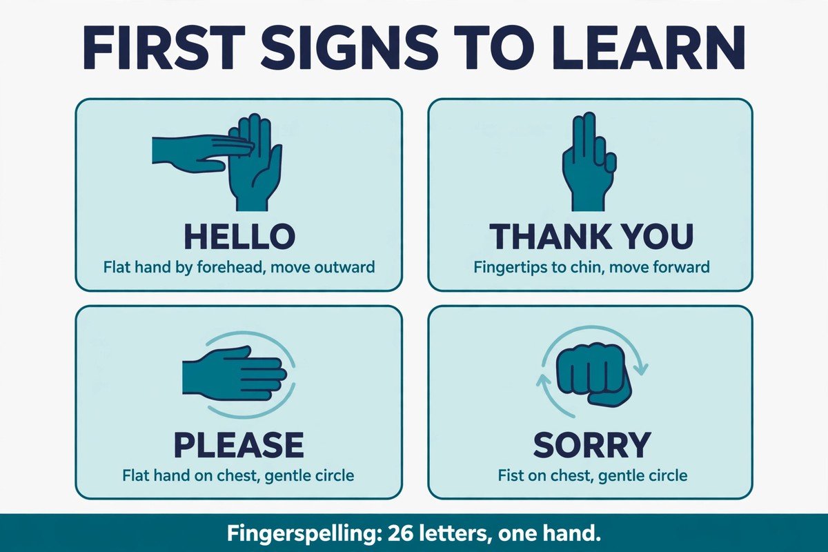 Four first ASL signs to learn: hello, thank you, please, and sorry