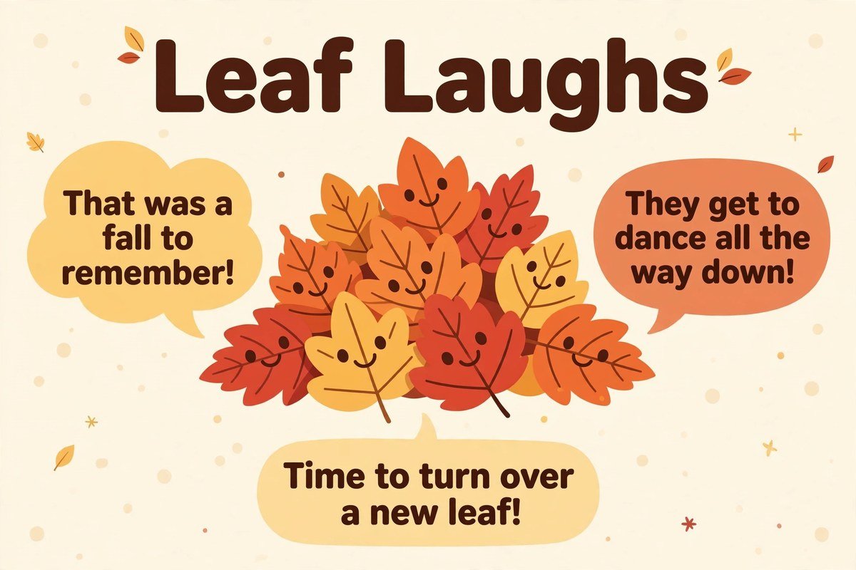 Funny leaf jokes infographic with a fall to remember pun and a smiling leaf pile