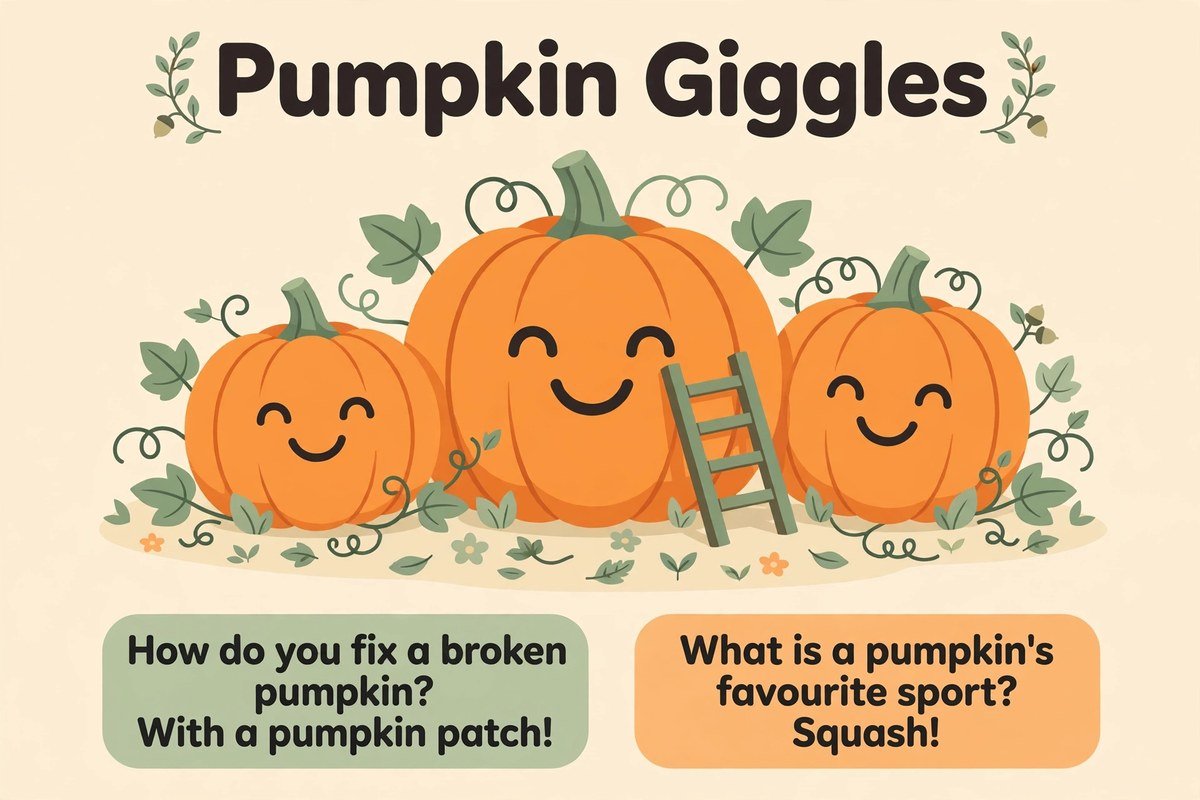 Pumpkin jokes infographic with a smiling pumpkin and the pumpkin patch joke