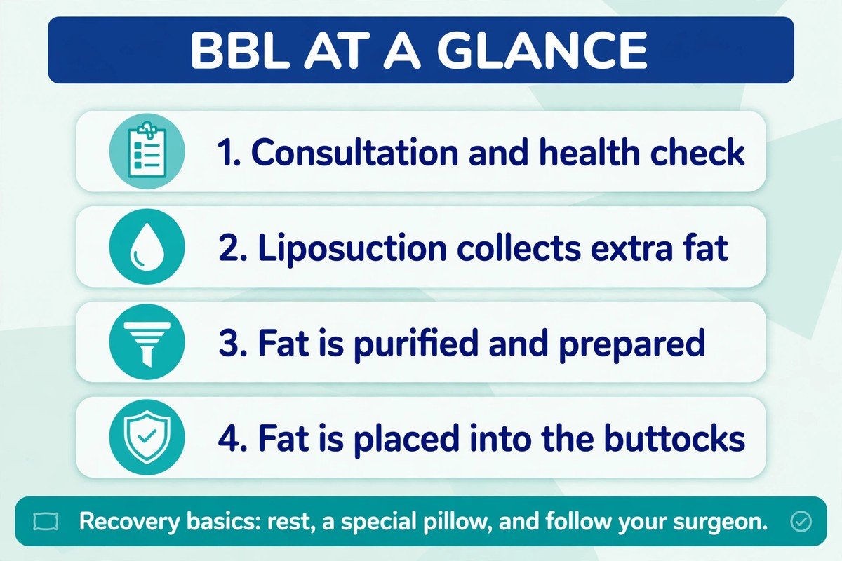 BBL at a glance infographic listing consultation, liposuction, fat purification, fat placement, and recovery basics
