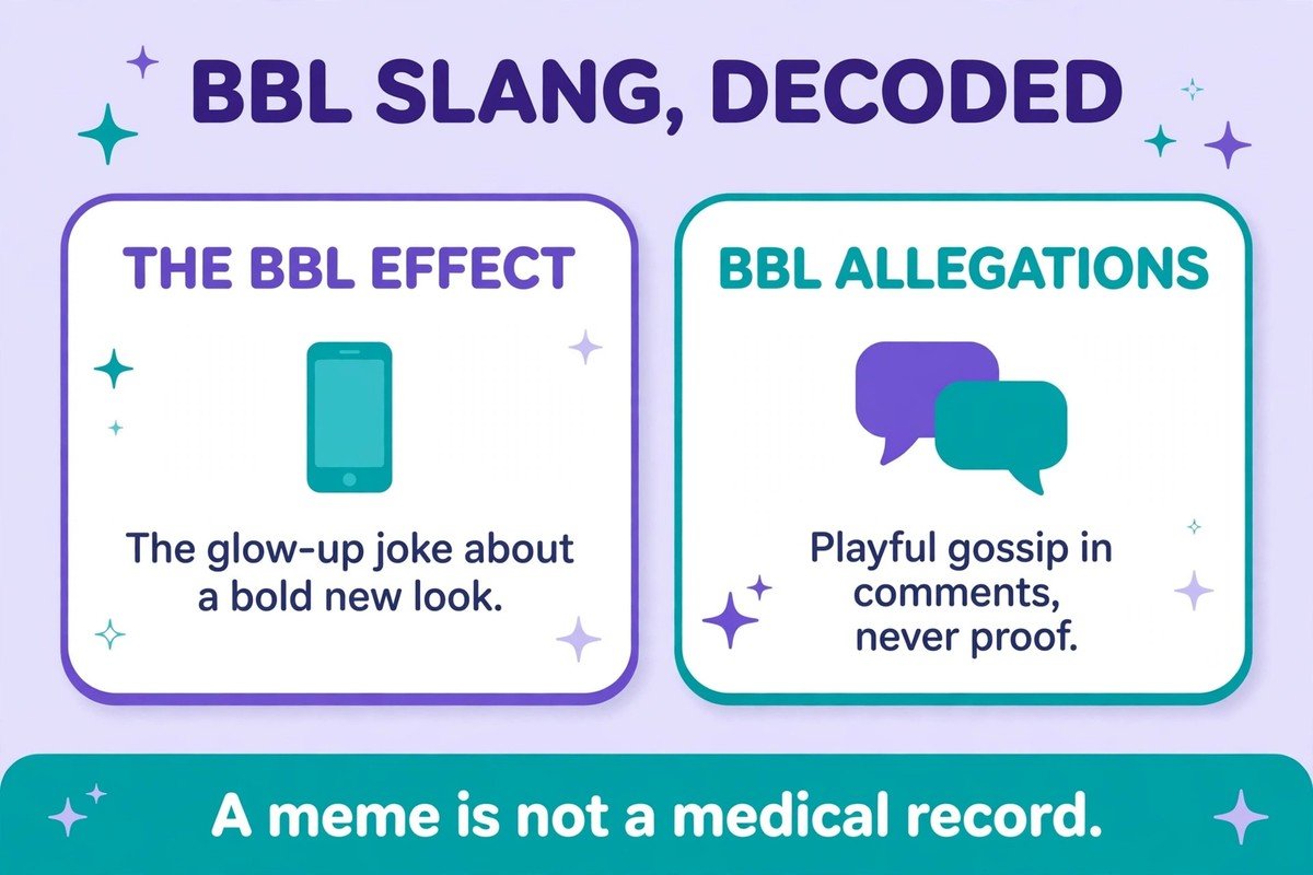 BBL slang decoded infographic explaining the BBL effect glow-up joke and BBL allegations in comments