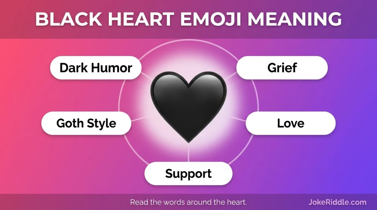Infographic showing the black heart emoji meaning: dark humor, grief, love, support, and goth style