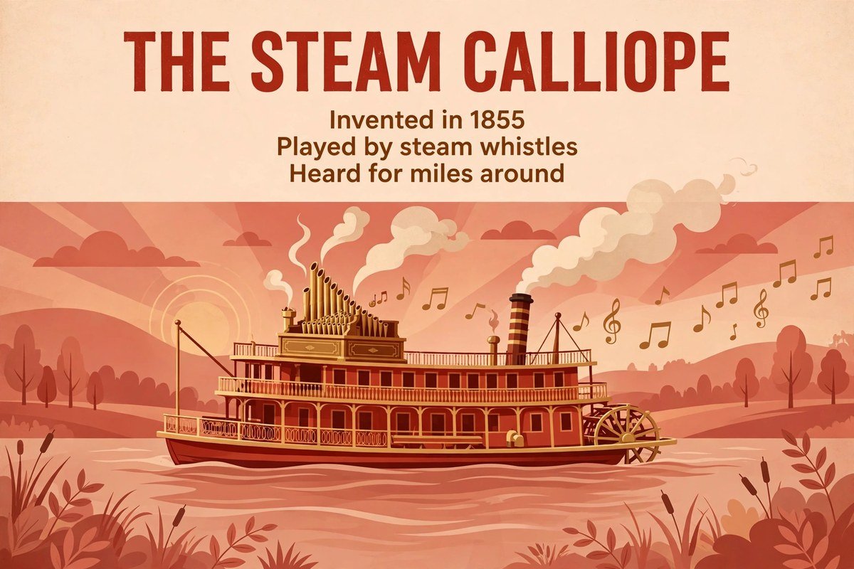 Calliope instrument facts: steam whistles instead of pipes, patented in 1855, heard for miles, loved by riverboats and circuses