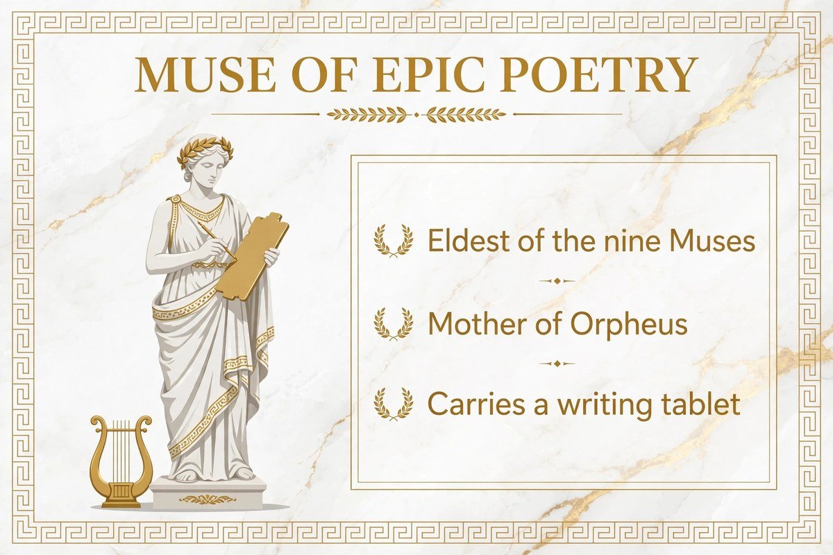 Calliope the Muse at a glance: chief of the nine Muses, muse of epic poetry, mother of Orpheus, symbols scroll tablet and laurel wreath
