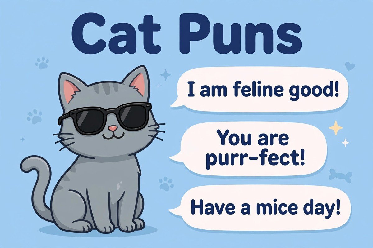 Cat Puns Infographic Funny cat puns infographic with a cool cartoon cat wearing sunglasses