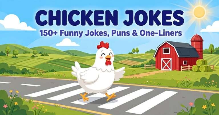 Chicken jokes: a happy cartoon hen crossing the road on a zebra crossing under the title Chicken Jokes