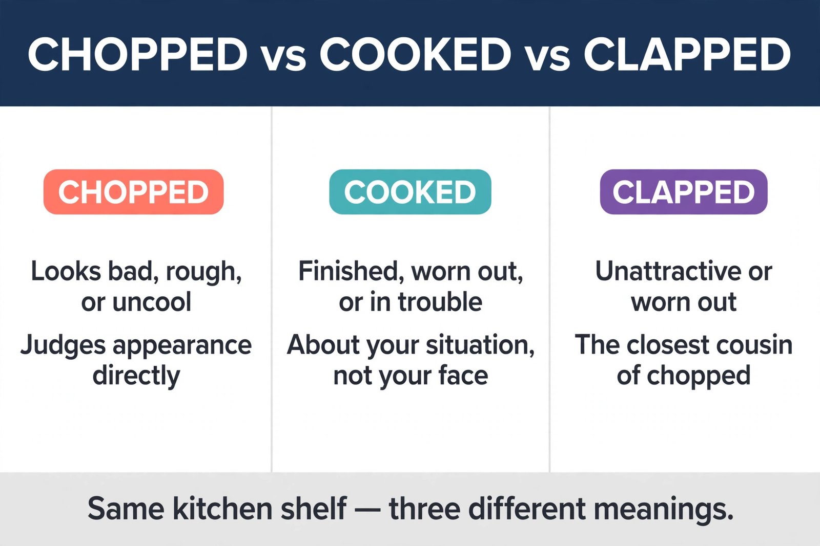 Comparison chart showing how chopped, cooked, and clapped differ in slang meaning