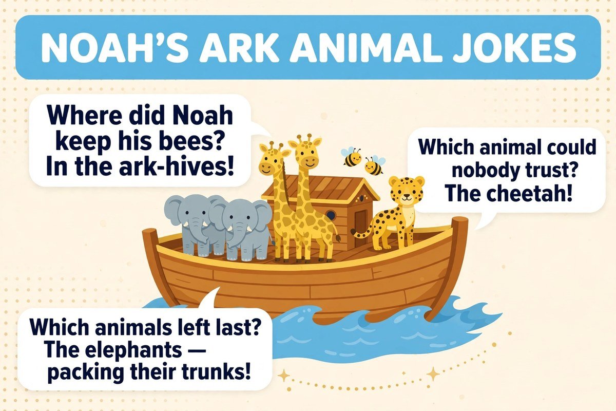 Noah's ark animal jokes with elephants, cheetahs, bees and giraffes aboard the ark