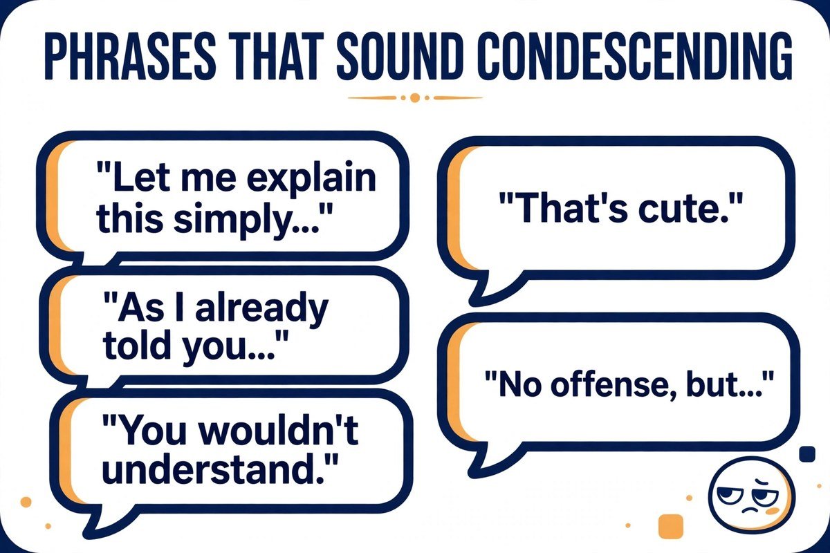 Everyday condescending phrases in speech bubbles, with the hidden put-down inside each one