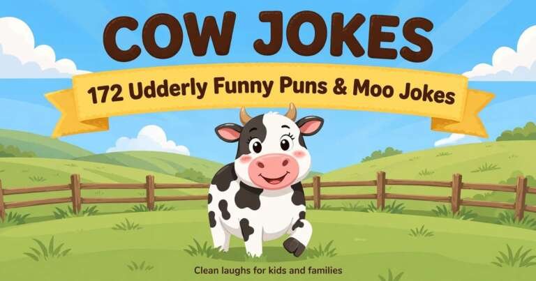 Cow jokes banner with a happy cartoon cow standing in a sunny green pasture